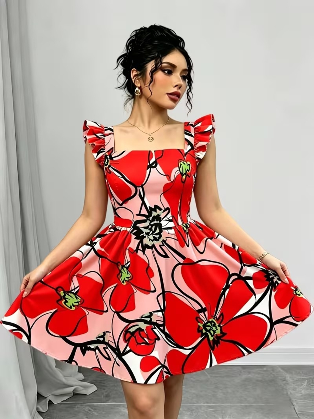 Floral Square-Neck Red & Pink Fit-and-Flare Dress